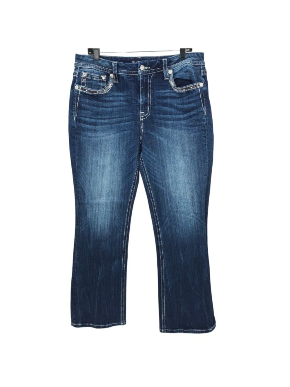 Miss Me Curvy Boot Jeans 34 High Rise Thick Stitch Rhinestone Pocket Denim Blue